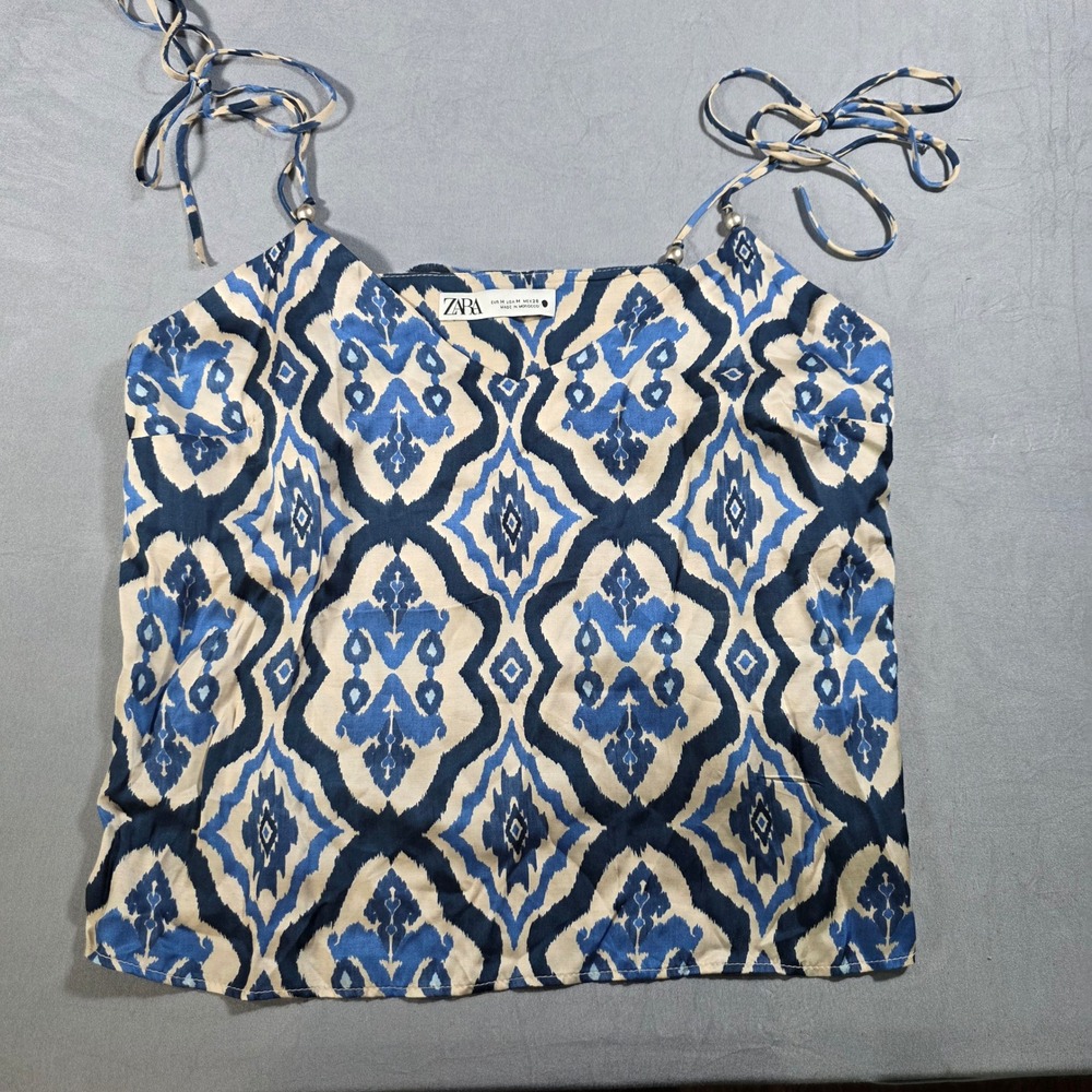 Zara Blue Geometric Camisole Top V-Neck Adjustable Bead Tie Straps‎ Juniors M